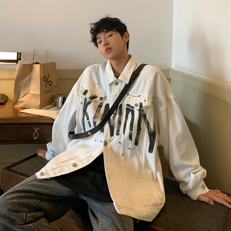 Spring and Autumn American Graffiti Letter Print Handsome High Street Ins Fashion Brand Denim Jacket Young Men's Loose Jacket