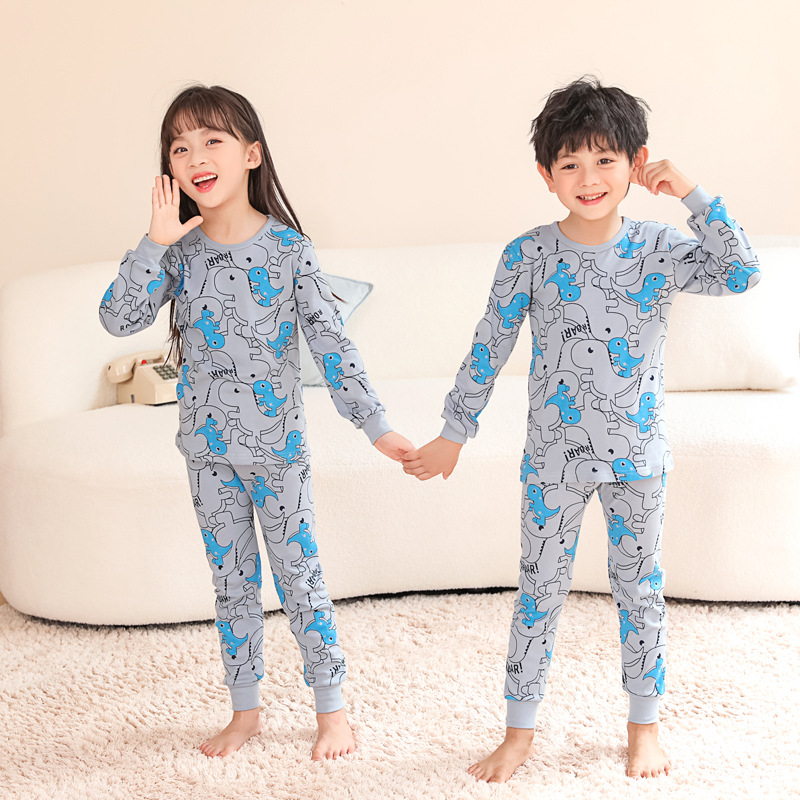新儿童棉毛衫保暖内衣套装印花卡通小孩睡衣满花恐龙小熊居家秋衣