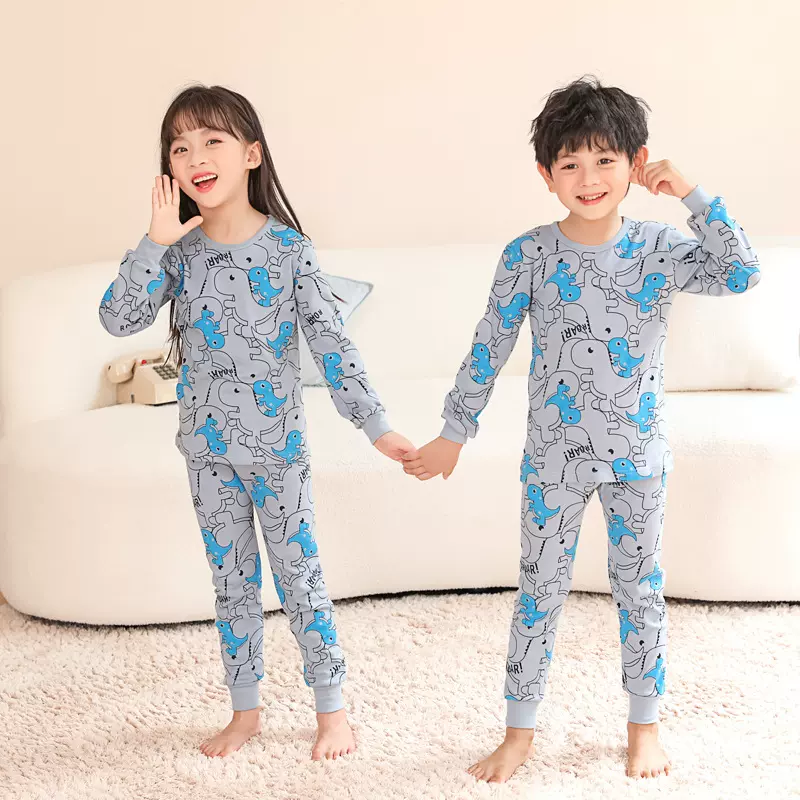 新儿童棉毛衫保暖内衣套装印花卡通小孩睡衣满花恐龙小熊居家秋衣