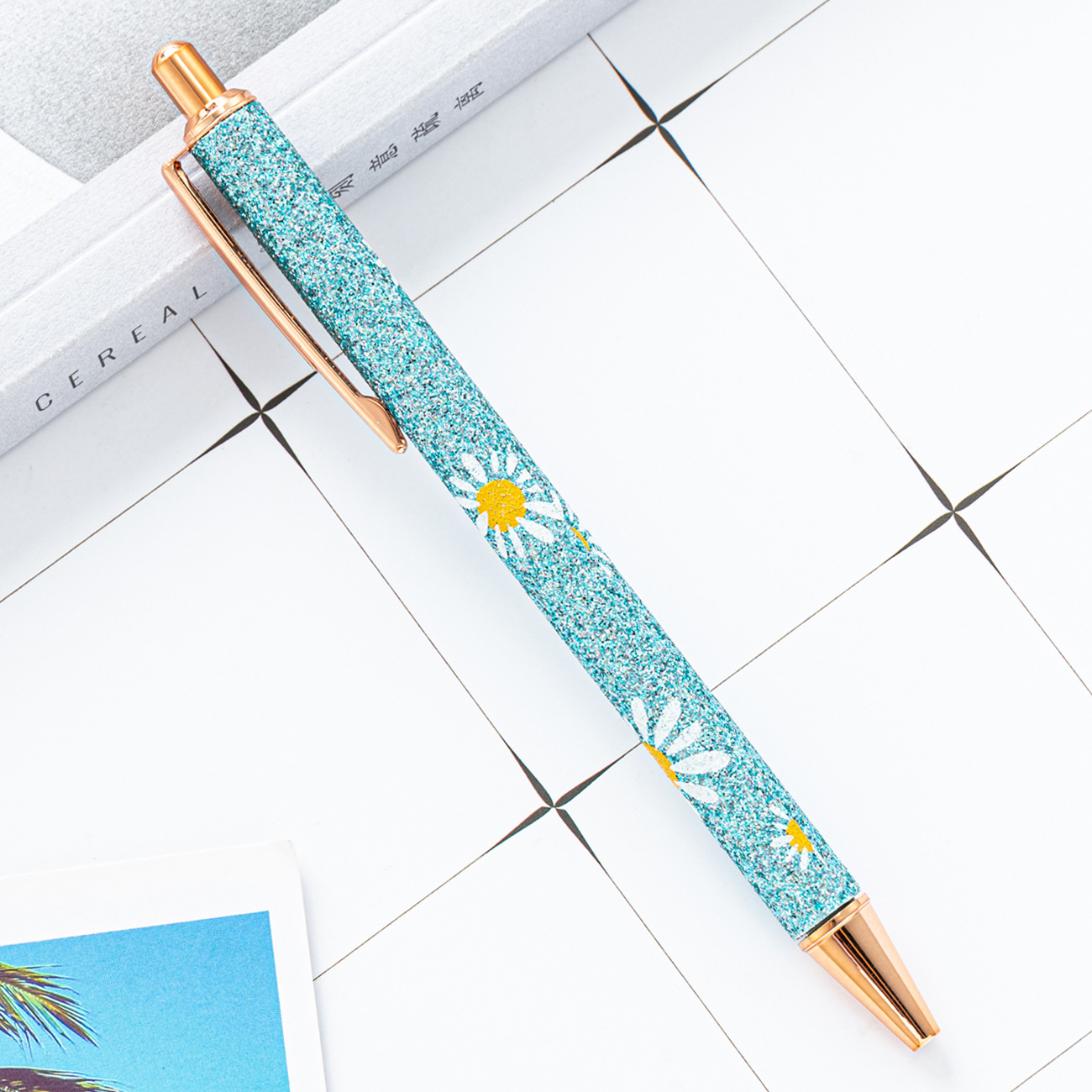 Polvo de oro prensa bolígrafo al por mayor estudiante chica prensa pluma de cuero logotipo imprimible pluma de polvo de brillo de metal