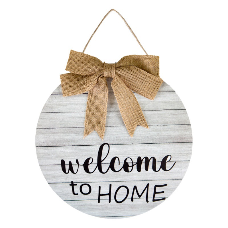 Puerta de entrada de madera Bienvenido colgando redondo placa de la puerta de madera Bienvenido cuerda de cáñamo colgante arco tablero colgante