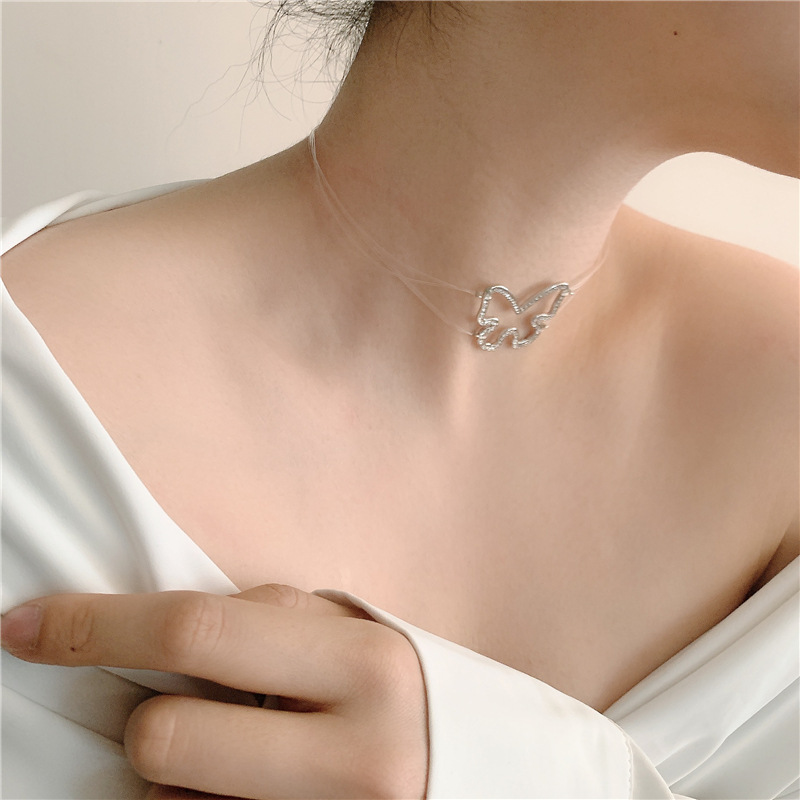 Invisible Fishing Line Full Diamond Butterfly Necklace display picture 18