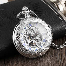 时尚非纯银创意透明翻盖银色男士机械怀表简约罗马数字经典机械表