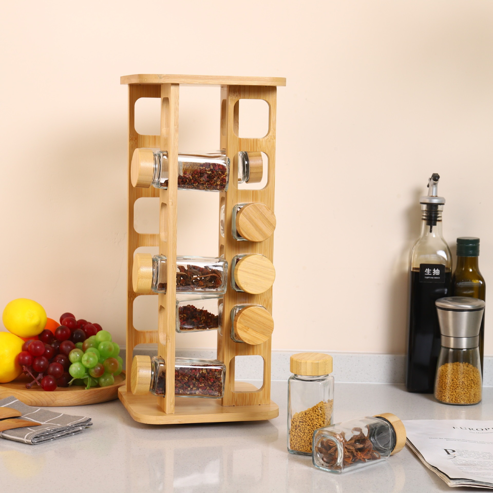 Rack de condimento de madera cuadrada para cocina doméstica condimento giratorio condimento de botella de condimento de gran capacidad multi-especificación