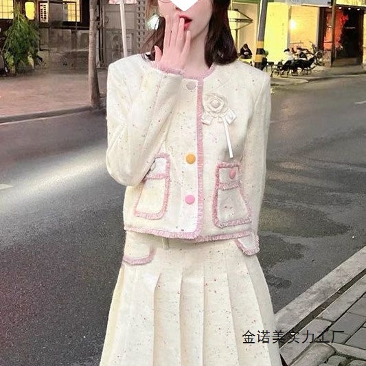 秋冬新款小香风彩点撞色山茶花毛呢外套百褶半身长裙两件套装女