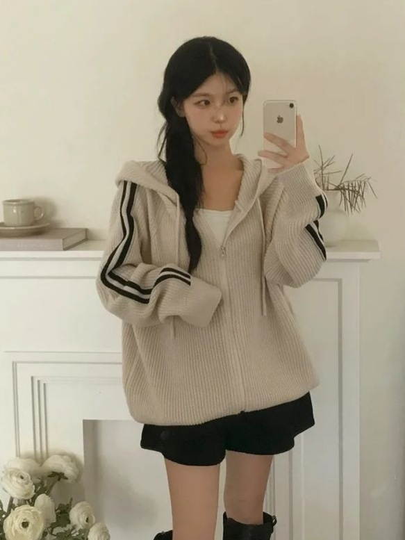 毛衣女韩国chic小众宽松设计小个子简约气质抽绳连帽长袖外套上衣|undefined