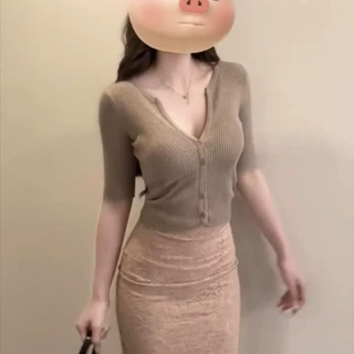 套装女2026春夏新款韩系纯欲风针织中袖上衣蕾丝拼接花纹包臀裙潮