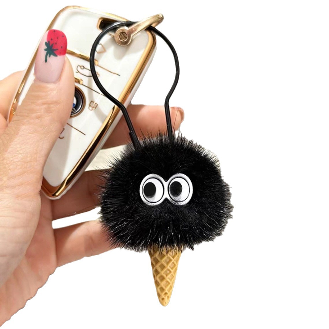 Lindo llavero colgante con forma de coche de helados de piel sintética de visón, decoración coreana para mochila con bola de pelo, estilo internet celebrity.