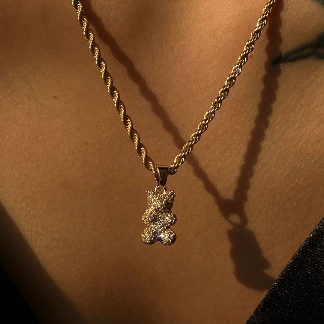 304 Stainless Steel Chain Material Wholesale Jewelry Casual Little Bear 304 Stainless Steel Rhinestones Animal Diamond Hemp Flowers Chain Pendant Necklace
