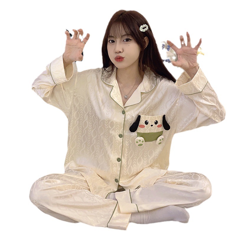 Bolsillo cachorro de dibujos animados pijamas las mujeres solapa seda del hielo cardigan manga larga Otoño e Invierno lindo dulce chica desgaste en casa traje