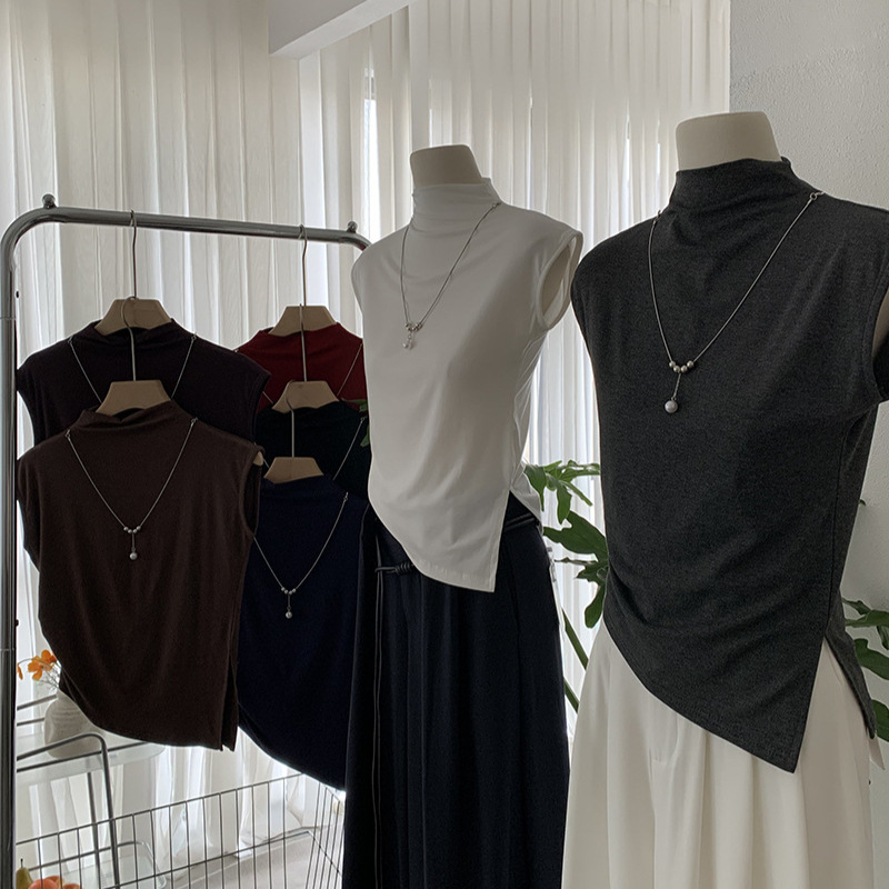 Omalai Stand Collar Sleeveless with Necklace Asymmetrical Hem Pure Color Slimming Look T-Shirt Top Autum Women 4234