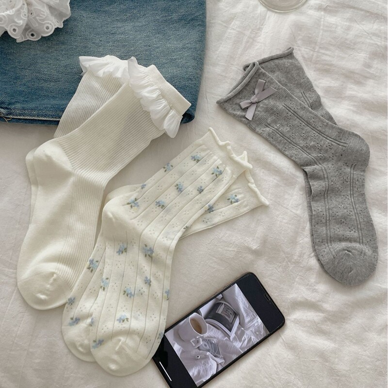 Love Hollow-out Atmosphere Bowknot Stacked Socks for Children Lightweight Breathable Mid-tube Socks Sweet Floral JK Lolita