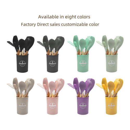 Factory Direct Selling Cooking Wooden Handle Silicone 12-Piece Set Including Storage Bucket Set, Non-Damaging Pot, Non-Stick Silicone Spoons and Spatulas