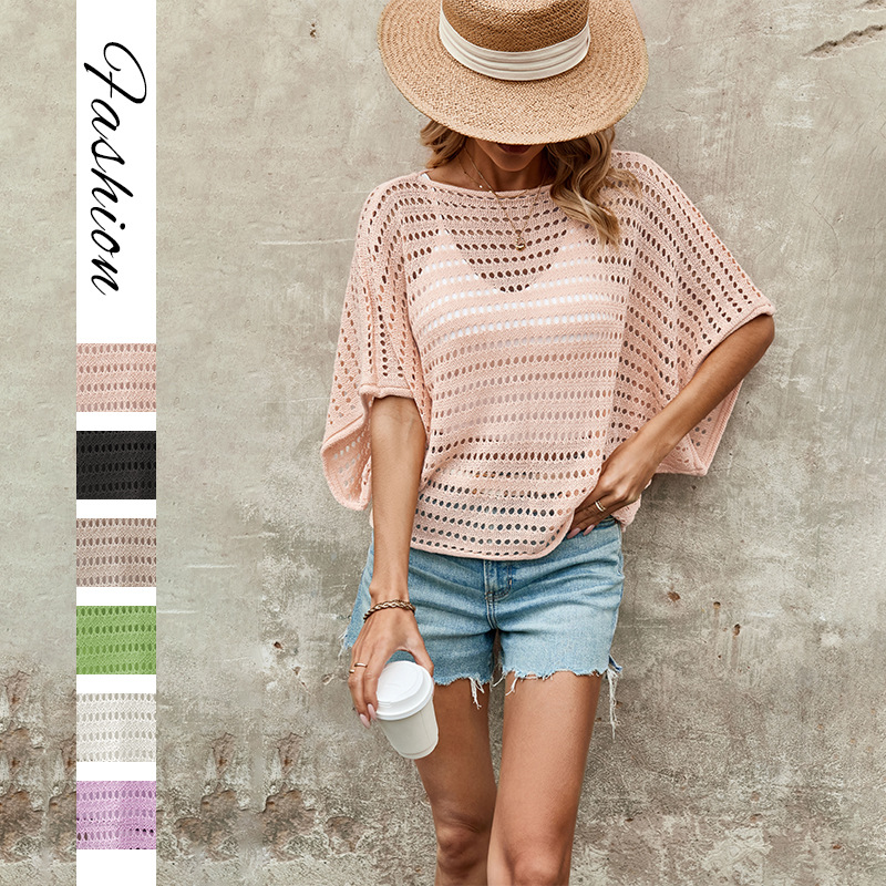2026 Spring/Summer Cross-Border European and American Women's Clothing Hot Sale Round Neck New Amazon Pullover Hollow-Out Fashion Short-Sleeve Knitwear