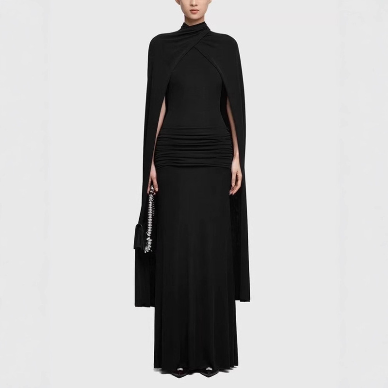 2025 Autumn and Winter French Slim Fit High Collar Pleated Cape Dress Women's Dress Long Skirt