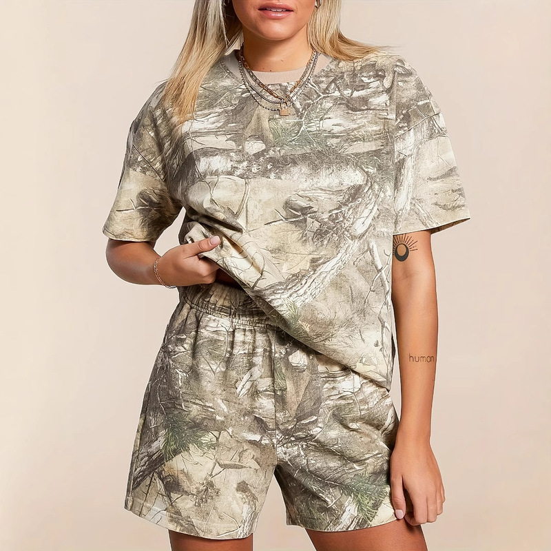 European and American Cross-border Amazon 2025 Summer New Camouflage Shorts Comfortable Fashion Casual Two-piece Women's suit