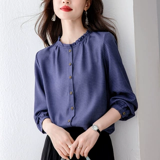 绿8033仿麻格纹提花衬衫女秋季新款木耳边领长袖百搭显瘦洋气上衣