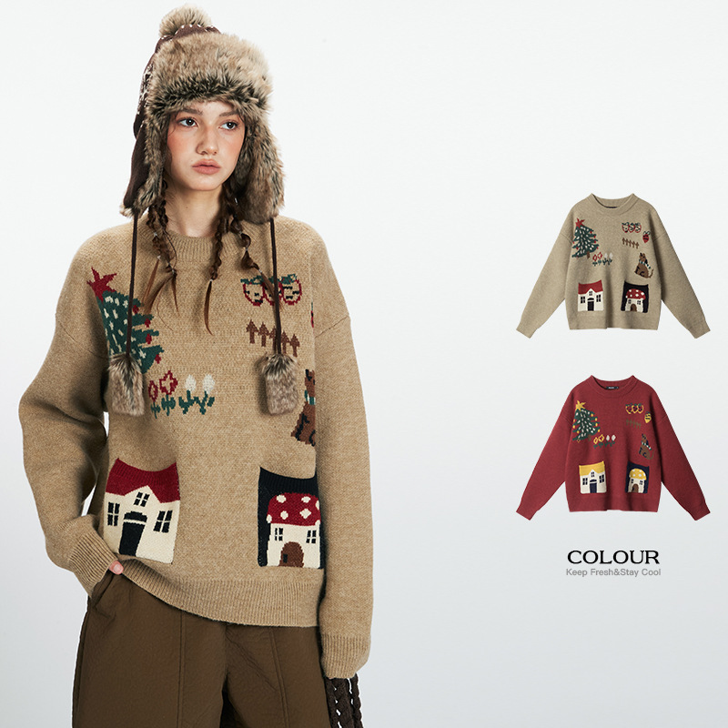 Heyhenry Christmas Cartoon Autumn and Winter Outer Sweater Female Couple Wear Round Neck Pullover Loose Lazy Knitted