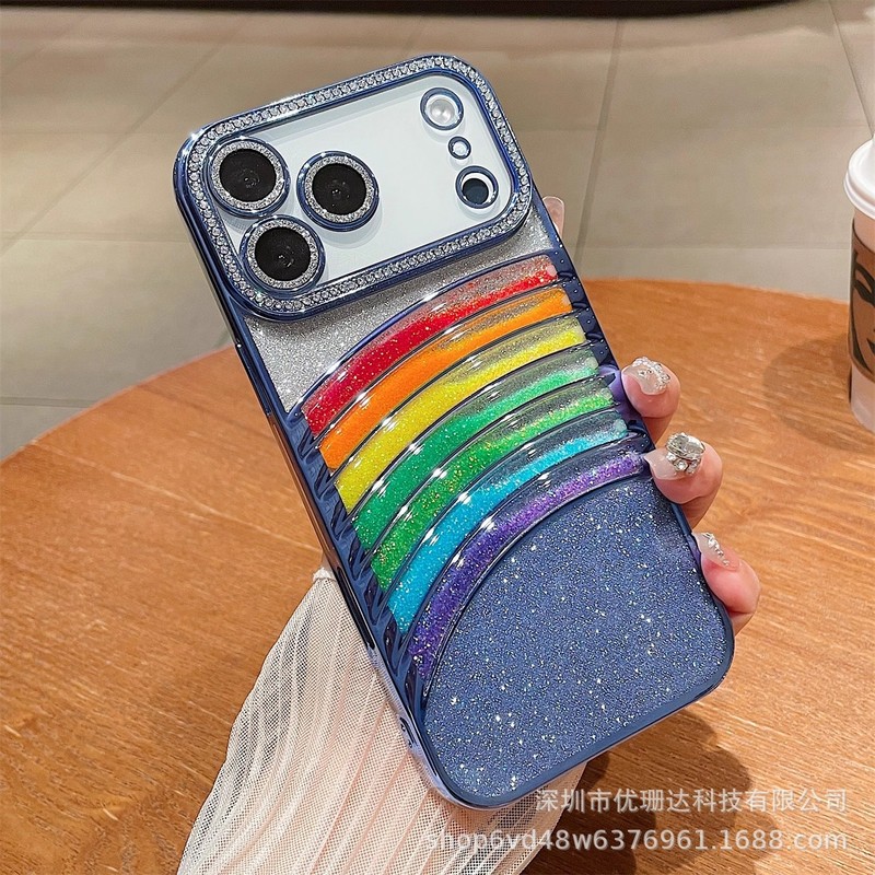 适用iPhone17promax立体流沙彩虹手机壳苹果16闪钻电镀全包保护套|undefined