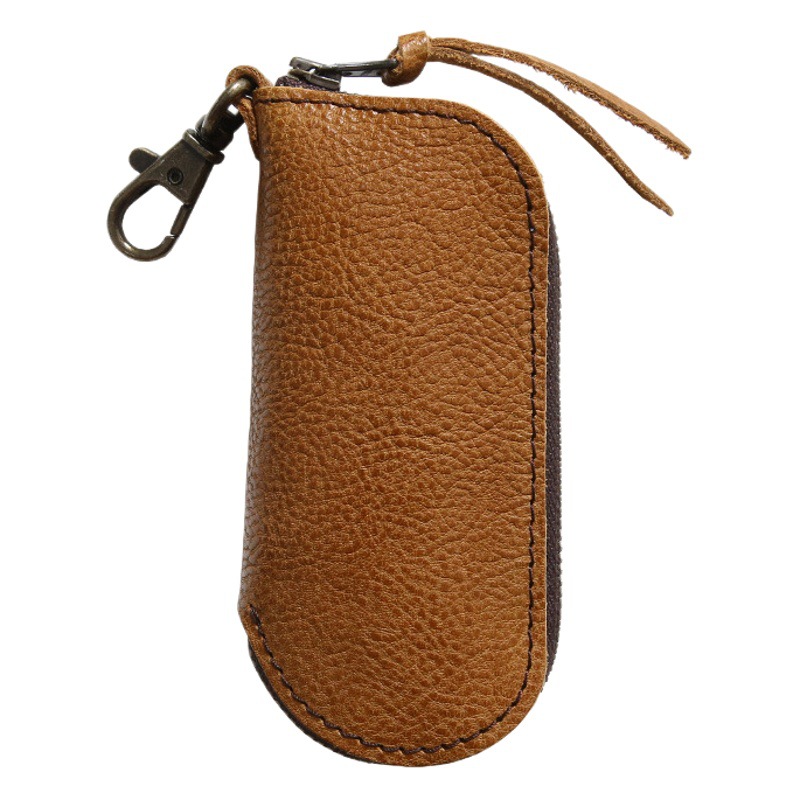 Men's Retro Vegetable-Tanned First-Layer Cowhide Multifunctional Key Bag, Women's Genuine Leather Simple Zipper Mini Waist Key Pouch