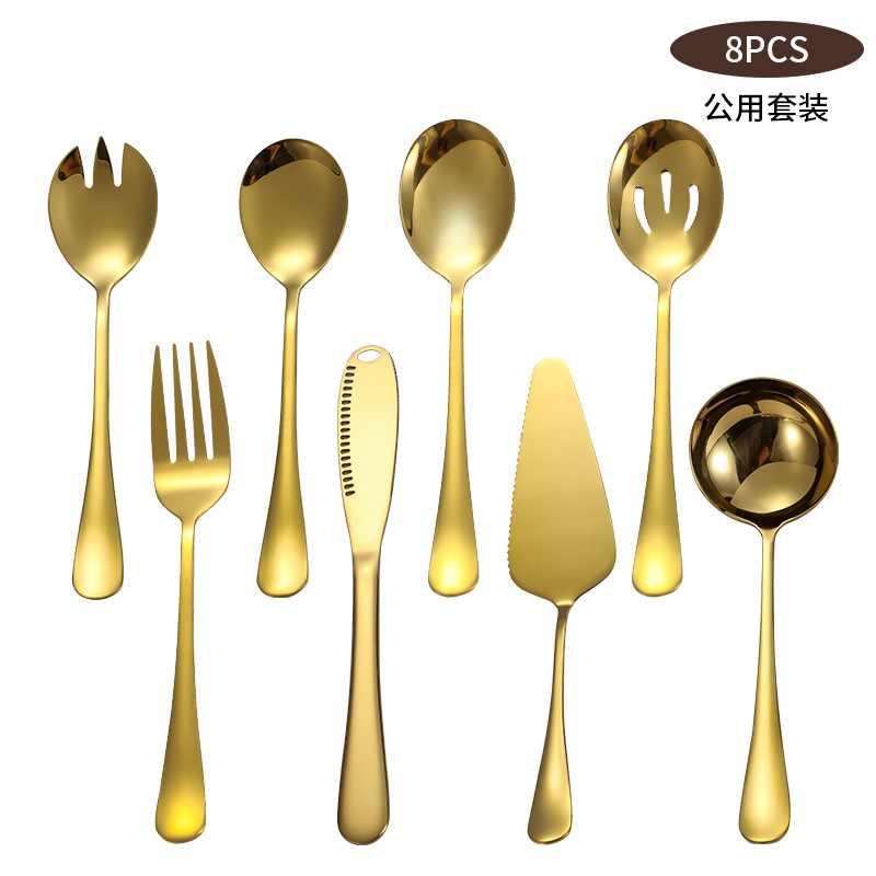 Amazon popular vajilla de acero inoxidable traje público cuchillo, tenedor y cuchara cuchillo de mantequilla pastel de la pala cuchara de servicio Tenedor sopa Shell fugas