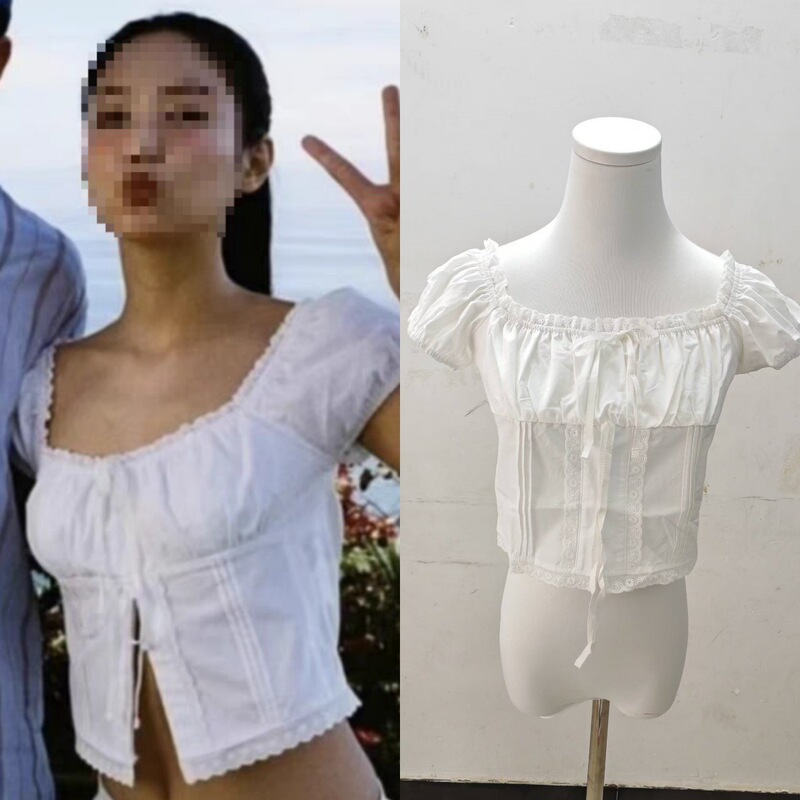 Long-Term In-Stock 2026 Spring/Summer Jennie-Inspired Square-Neck Ruched Lace-Up Short Shirt Top