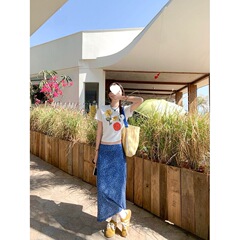 法式小清新蓝色碎花半身裙女夏季高个子气质半截裙后开叉包臀长裙