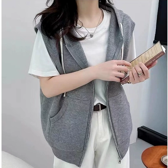 Демисезонная модная куртка, цветной вязаный жилет с капюшоном, oversize, корейский стиль