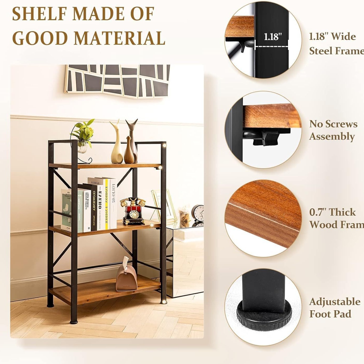 Estantería piso marrón retro minimalista, moderna, para dormitorio y cocina, estante decorativo.