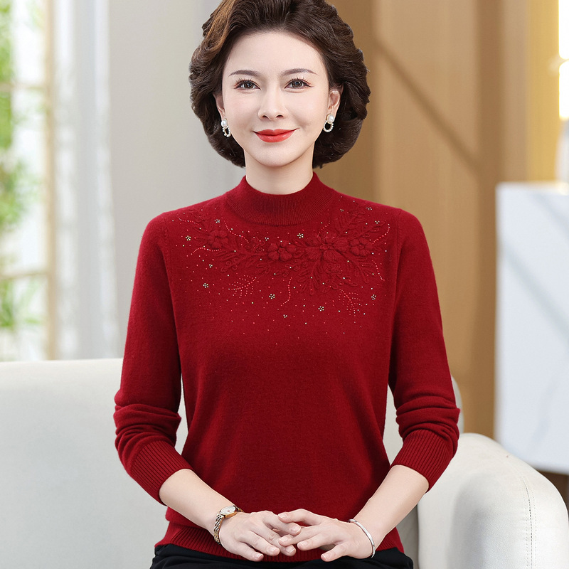 Chandisha Mother's Wear 100% Pure Wool Sweater New Bottoming Shirt Middle-Aged and Elderly Women's High-End Cashmere Shirt