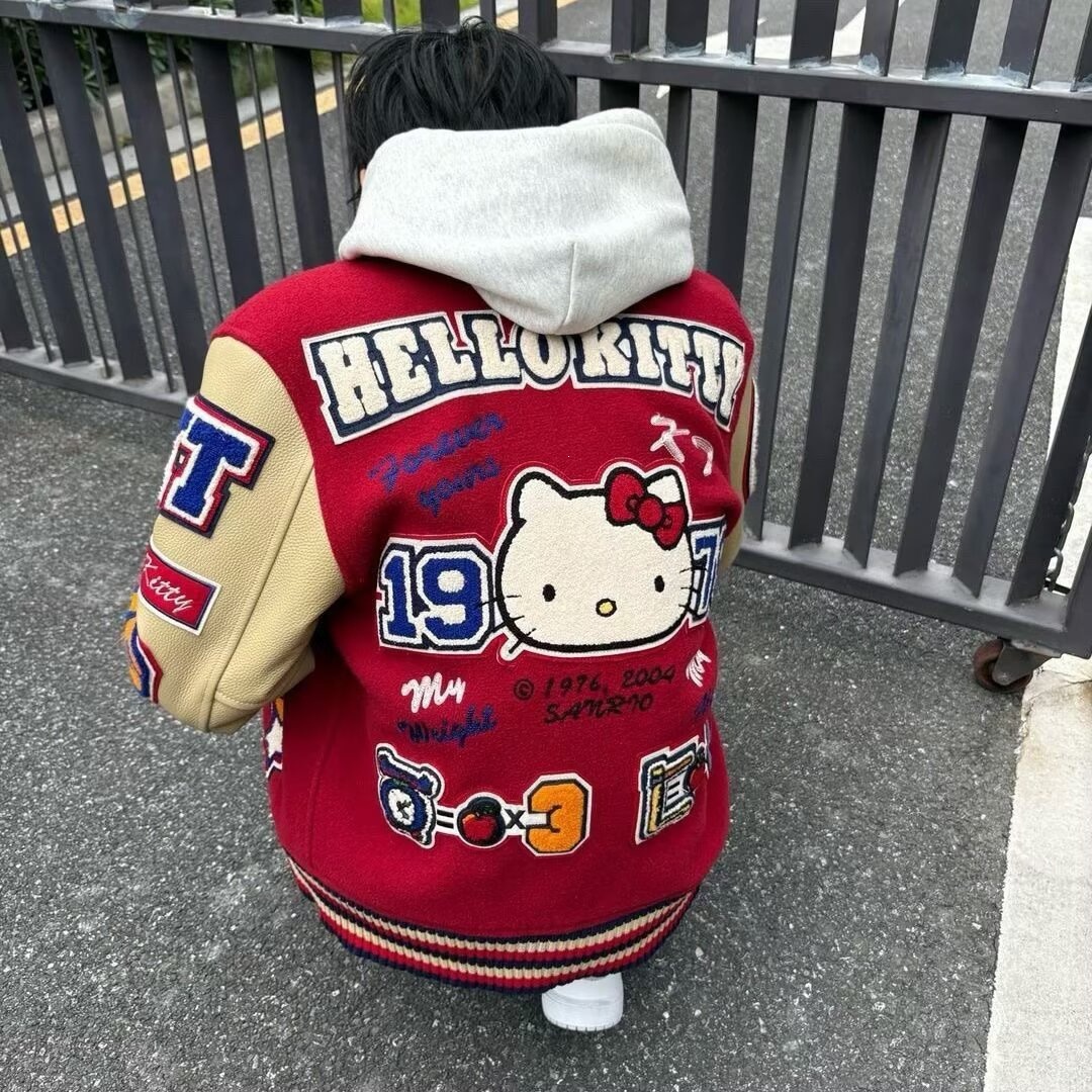 春秋跨境hello Kitty猫字母刺绣跨境棒球服男款潮牌宽松休闲外套