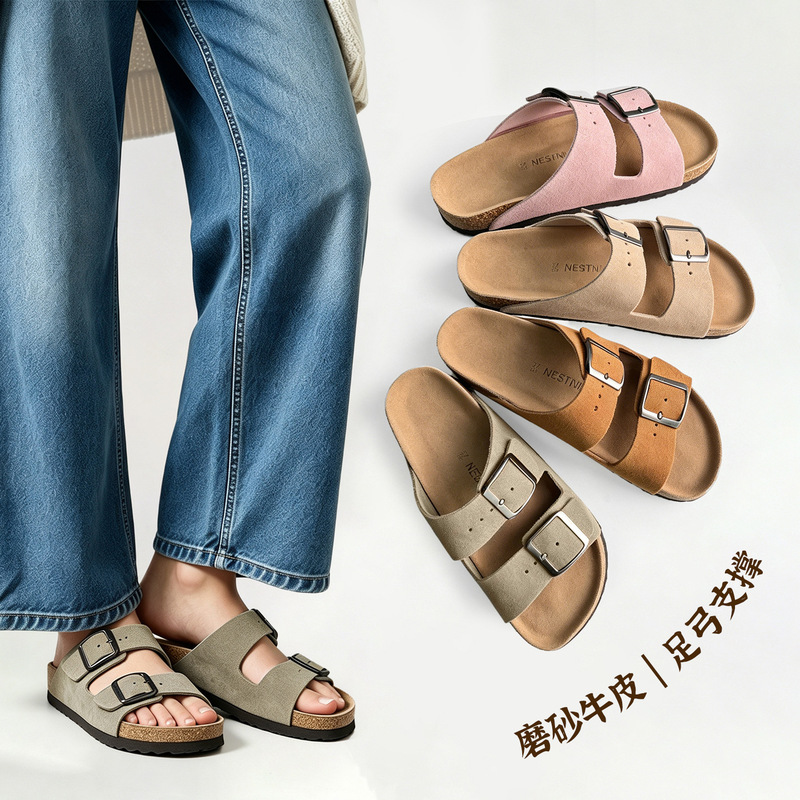 Cowhide Double Buckle Birkenstock Sandals with Cork Arch Support, Genuine Leather Summer Outdoor Flat Shoes for Men and Women Cowhide Double Buckle Birkenstock Sandals with Cork Arch Support, Genuine Leather Summer Outdoor Flat Shoes for Men and Women
