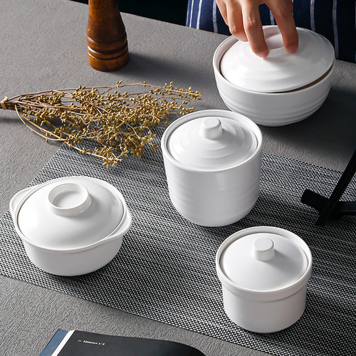 White Melamine Imitation Porcelain Soup & Stew Pot, Hotel & Restaurant Specialty, Shaxian-Designated, Plastic Dual-Handle Soup Bowl with Lid for Water-Bath Cooking