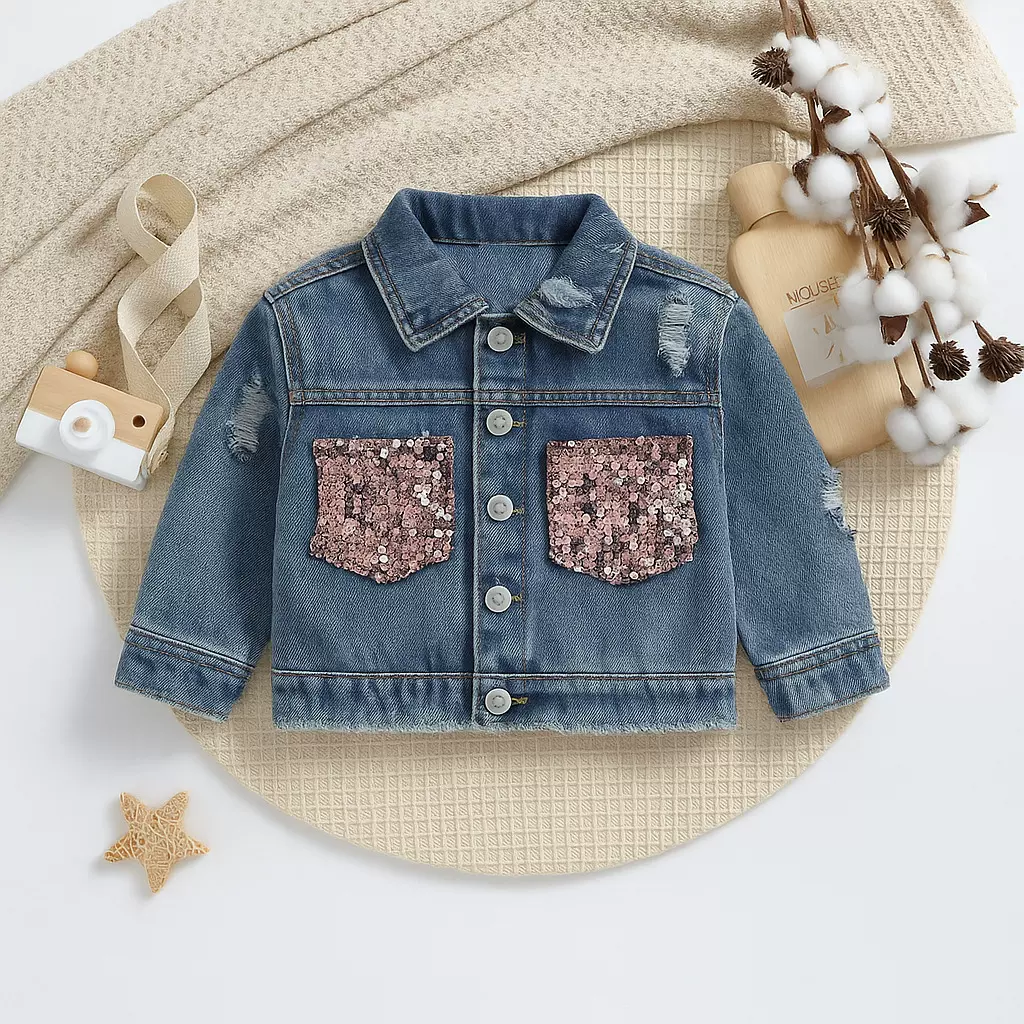 INS女童牛仔外套夏款复古长袖翻领亮片单排扣外套洗中小童上衣潮