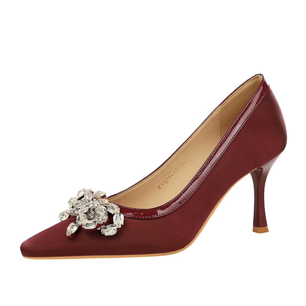 322-H19 European And American Style Sexy Fashion Party Rhinestone Bow Small Square Toe Shallow High Heel Women's Shoes_vogvips.com