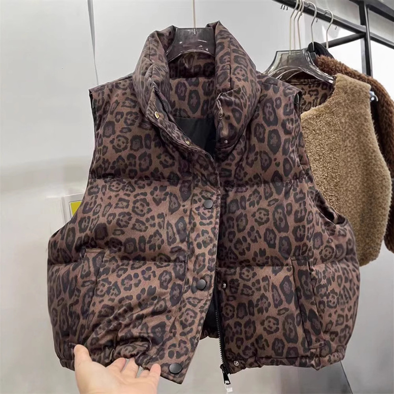 Korean Fashion Leopard Print Short down Vest for Women 2025 Autumn New Stylish Slimming Round Neck Fashion Vest