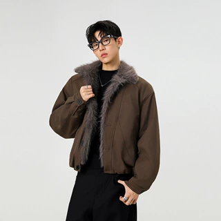 2026秋冬新款男士高级感韩版加厚座山雕毛领棉衣宽松短款棉服男装
