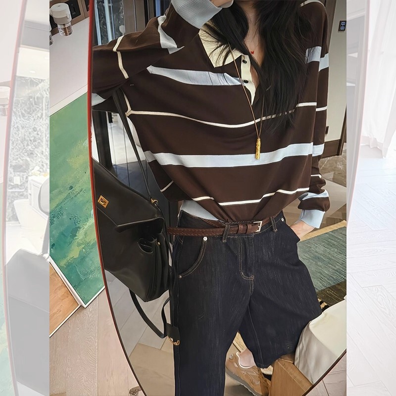 韩系撞色条纹polo领翻领单穿独特绝美长袖针织衫舒适百搭上衣女|undefined