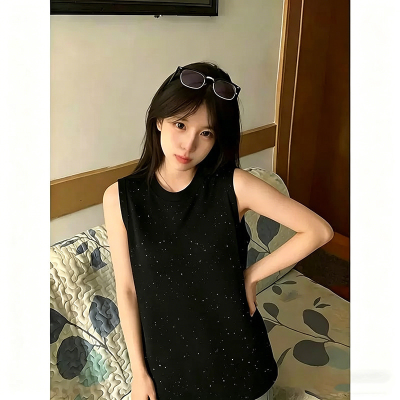 Summer New Style Shiny Sequin Round Neck Vest Men's Trendy Korean Style Cool Sleeveless Loose T-Shirt Ins