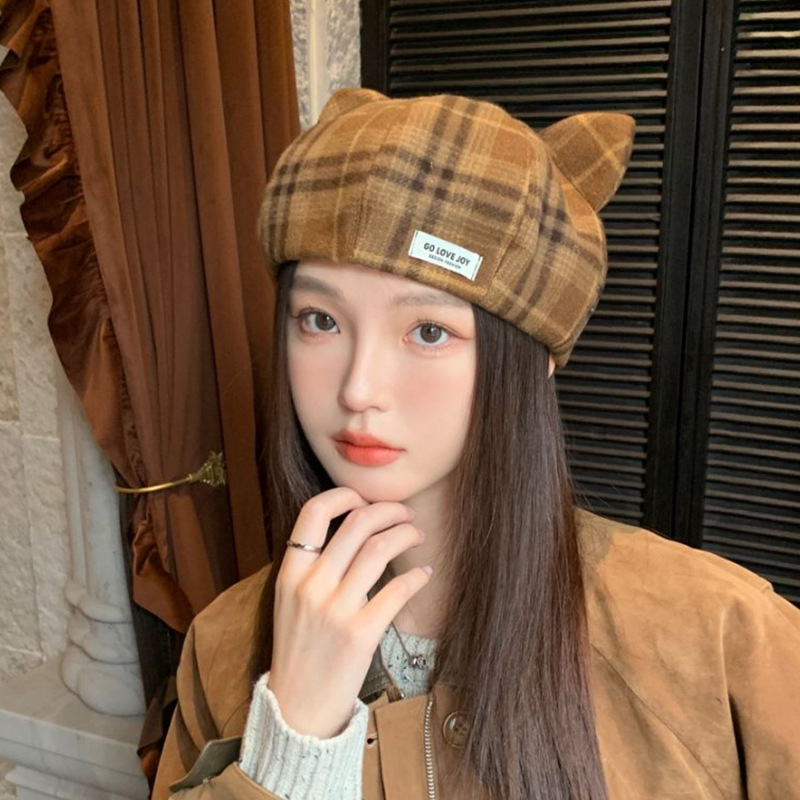 复古格纹猫耳朵贝雷帽子女春秋显脸小百搭毛呢画家帽保暖南瓜帽|undefined