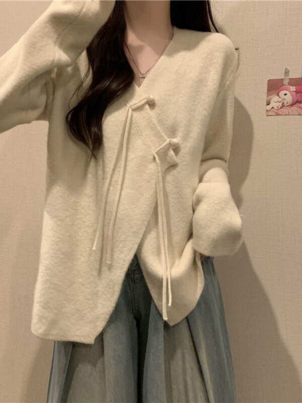 不规则软糯领毛衣开衫外套女秋冬微胖大码遮肚子宽松针织打底衫|undefined