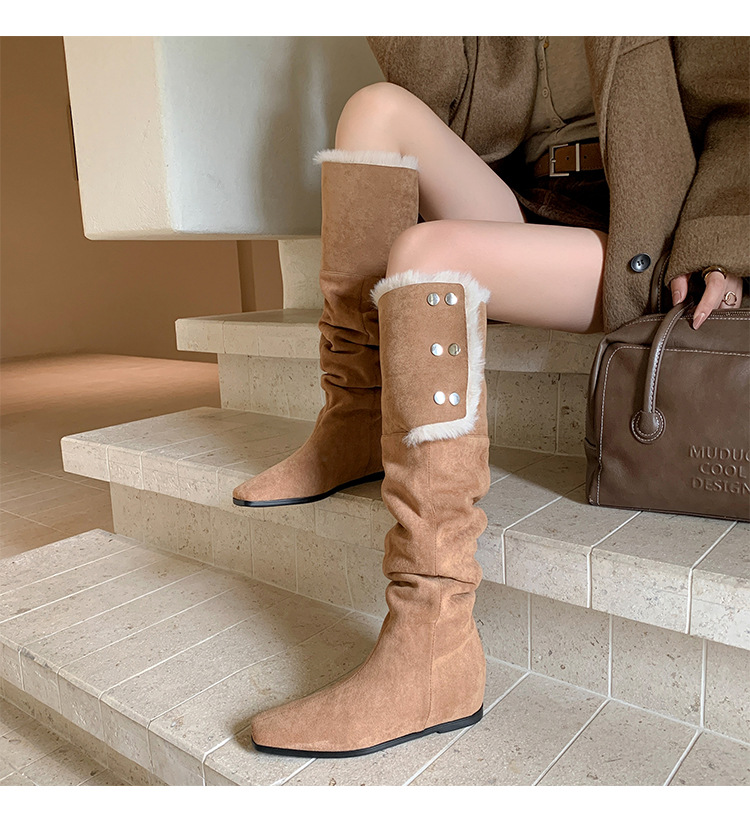 Boot tuyết nữ cổ cao ôm chân, lót lông dày, gót wedge nâng chiều cao, hai kiểu mang — màu xám chi tiết 16