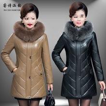 海宁羽绒服皮衣外套女中长款加绒加厚中老年妈妈韩版修身冬新