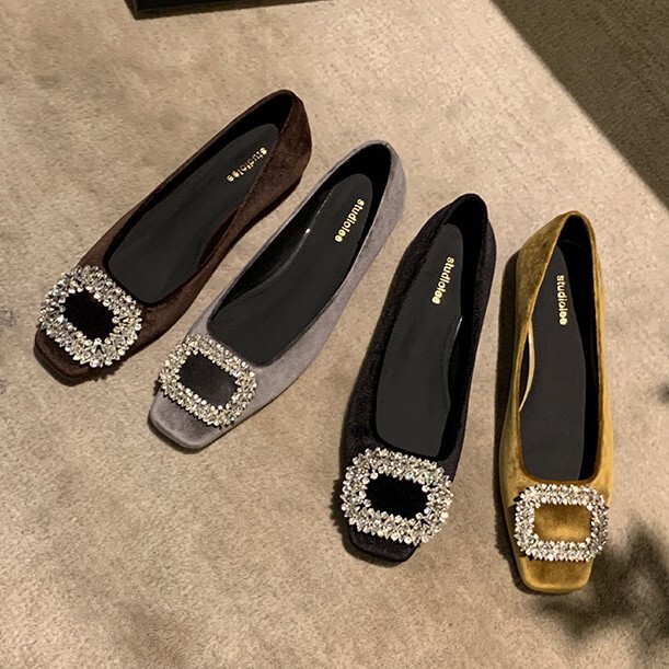 In Stock~New Autumn and Winter Style Elegant Sparkling Rhinestone Buckle Round-Toe High-Heeled Shoes, Comfortable Chunky Heel Suede Shallow Mouth Single Shoes for Women