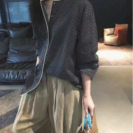 早秋新款高支轻薄感棉 圆领中式复古印花长袖衬衫 77