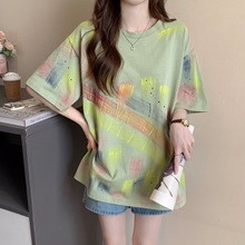 美式潮牌扎染纯棉宽松短袖T恤女彩色涂鸦设计感中长款显瘦上衣潮