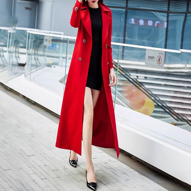 Spring and Autumn New Style Socialite Goddess Style Suit Collar Windbreaker Waist Slimming Double-Breasted Long Jacket