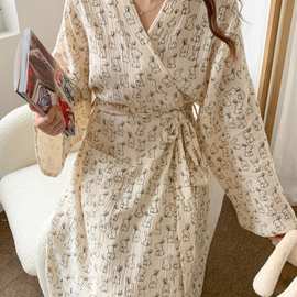 卡通可爱小兔子棉纱布睡袍浴袍睡裙睡衣女款春秋季长袖家居服夏