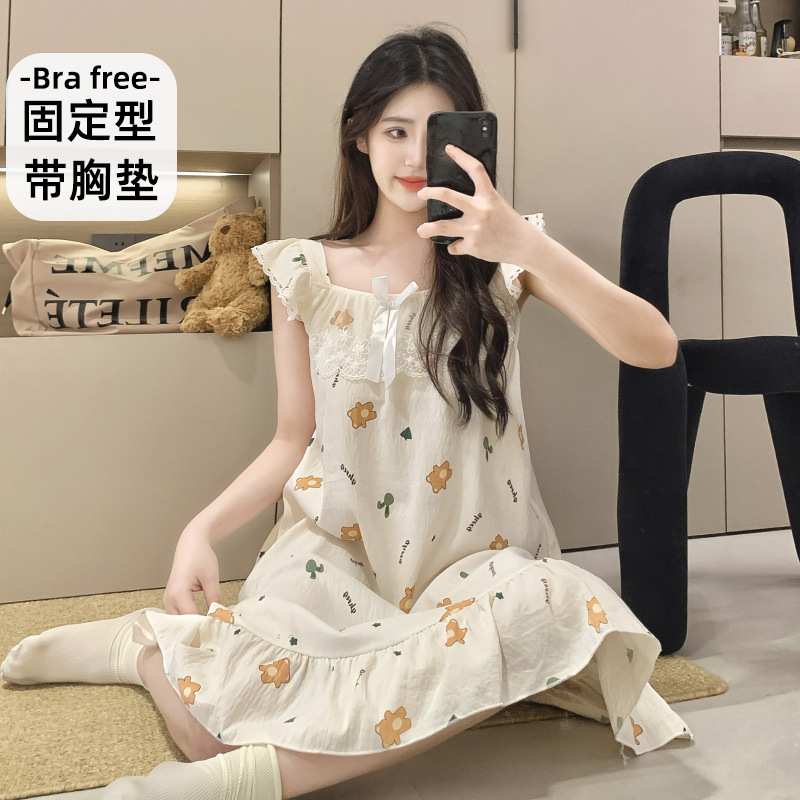 Nightgown for Women 2026 New Summer Style with Chest Pads, Sweet Princess Style Printed Girl's Small Flying Sleeve Pajamas, Home Wear Nightgown for Women 2026 New Summer Style with Chest Pads, Sweet Princess Style Printed Girl's Small Flying Sleeve Pajamas, Home Wear