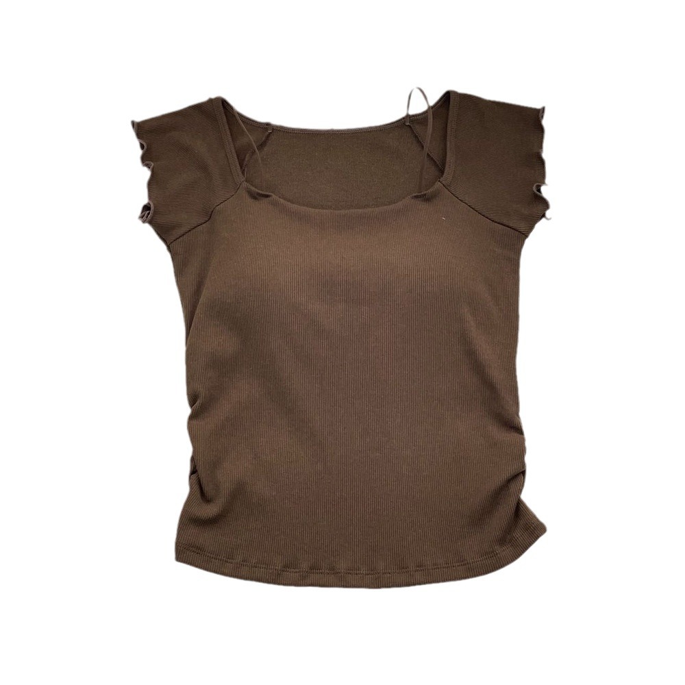 가을 새로운 스타일 스레드 면 브러시 광장 타이 가슴 패드 무료 브래지어 슬리밍 간단한 작은 비행 소매 여성을위한 반팔 겉옷